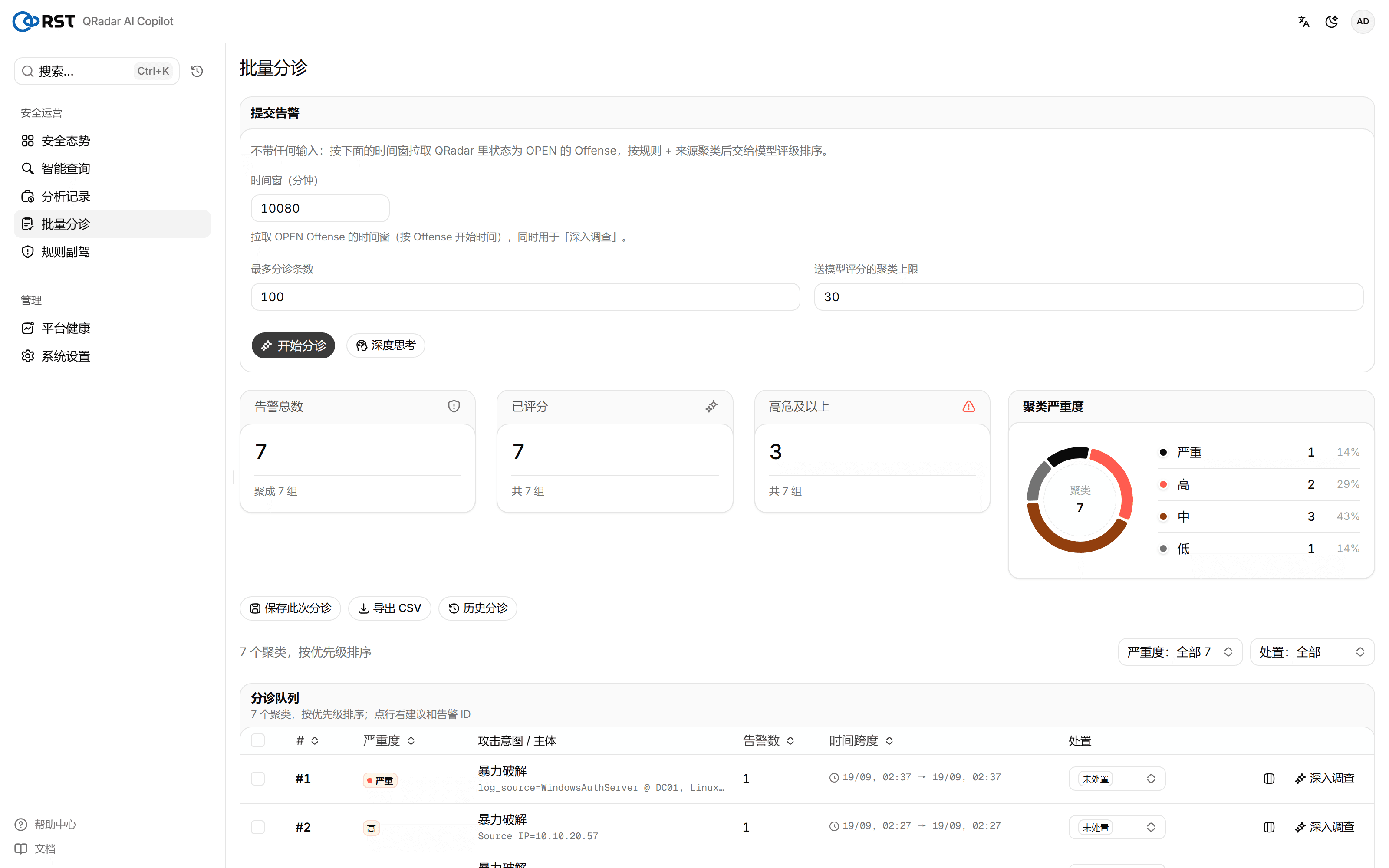 产品·批量分诊结果(整页,含 RST logo 与模块侧栏)