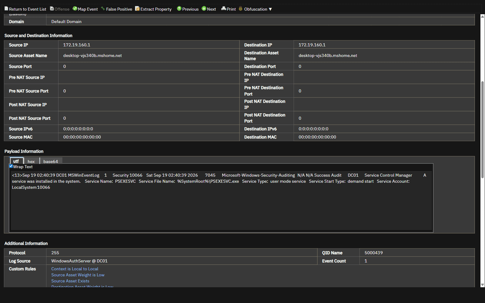 QRadar 事件详情·DC01 上 PsExec 服务安装(Windows 7045, PSEXESVC)