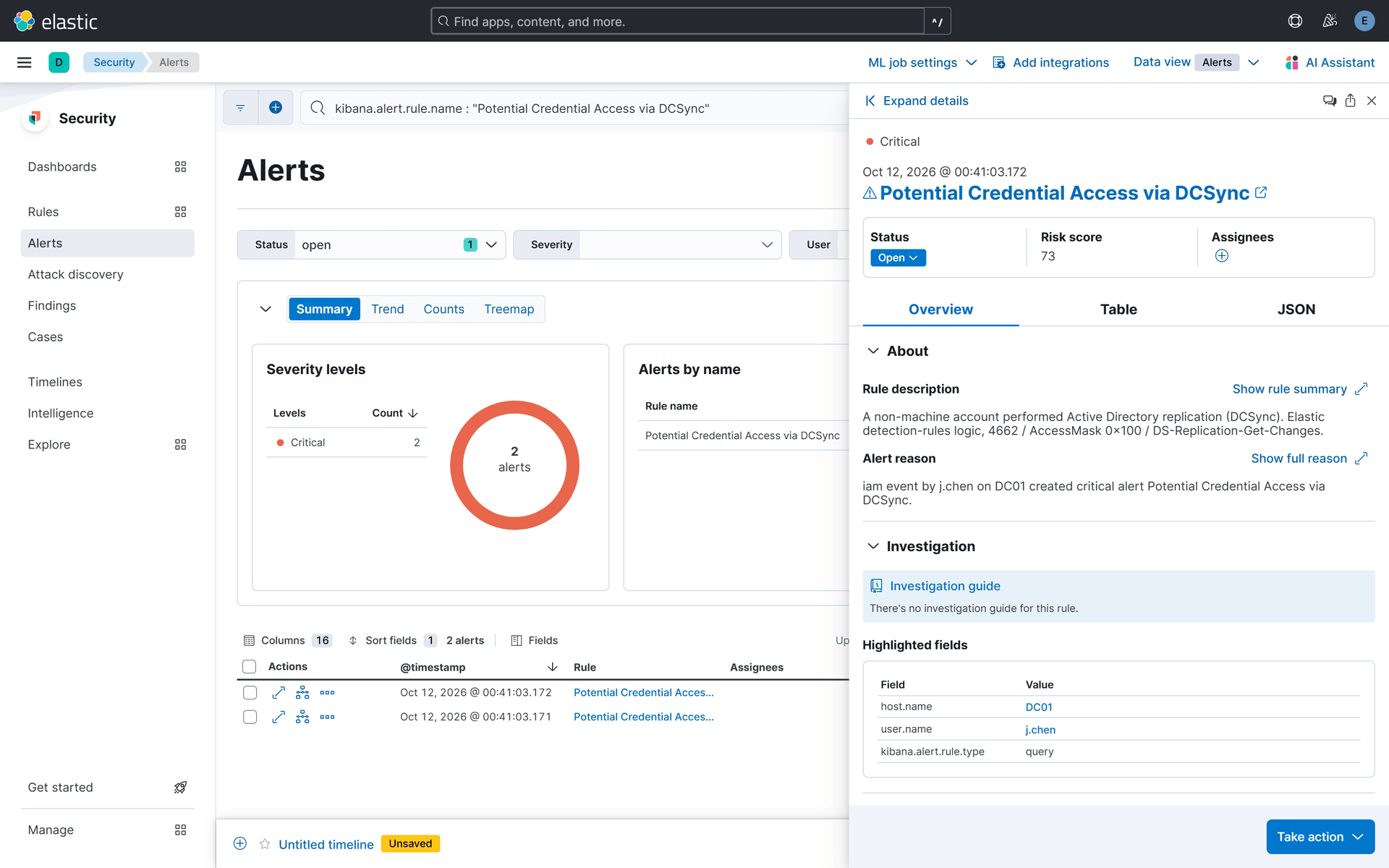 Kibana alert detail (DCSync, with rule and MITRE)