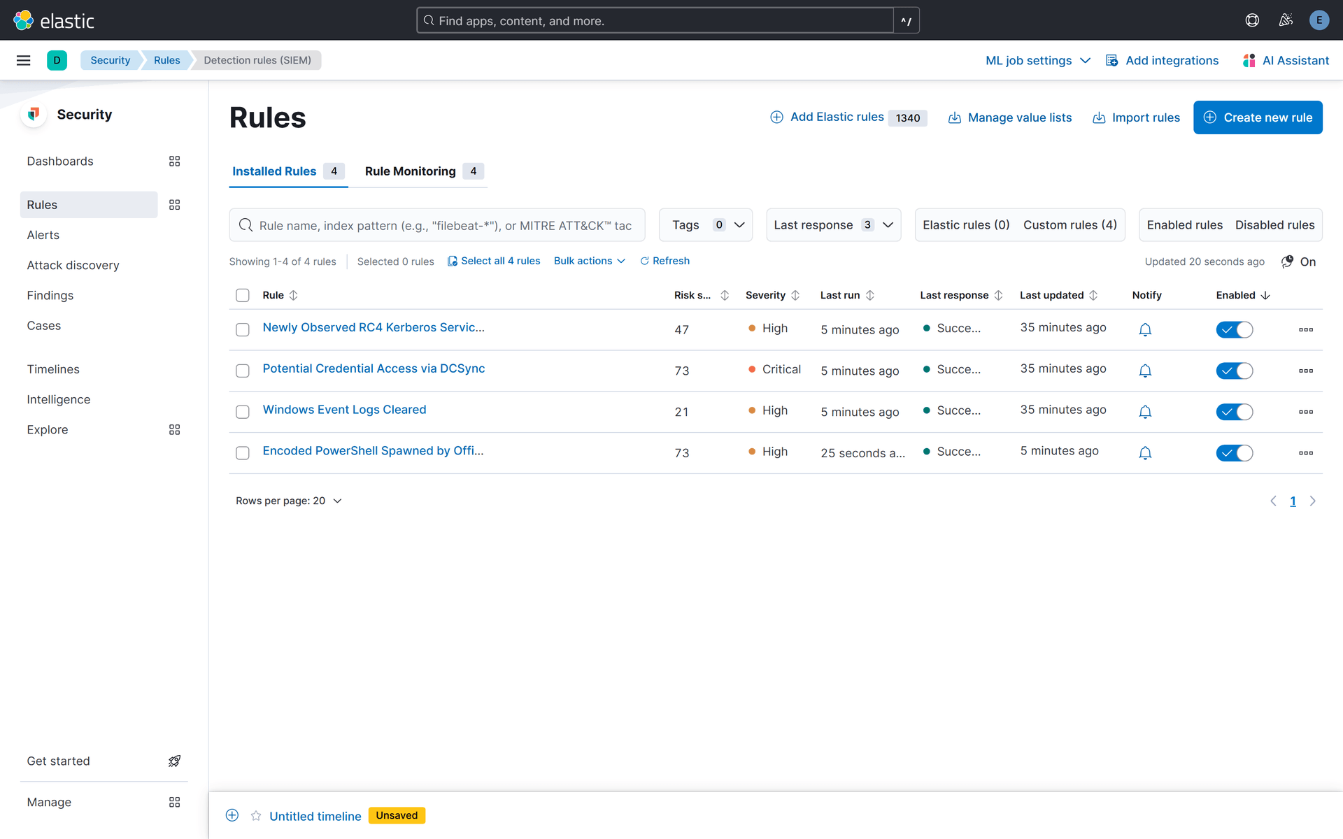 Kibana detection rules (4, enabled)