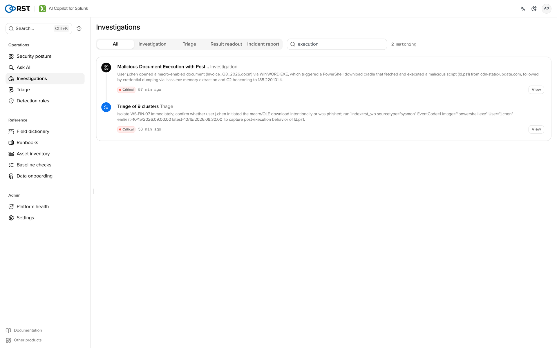 RST AI Copilot for Splunk · Investigations
