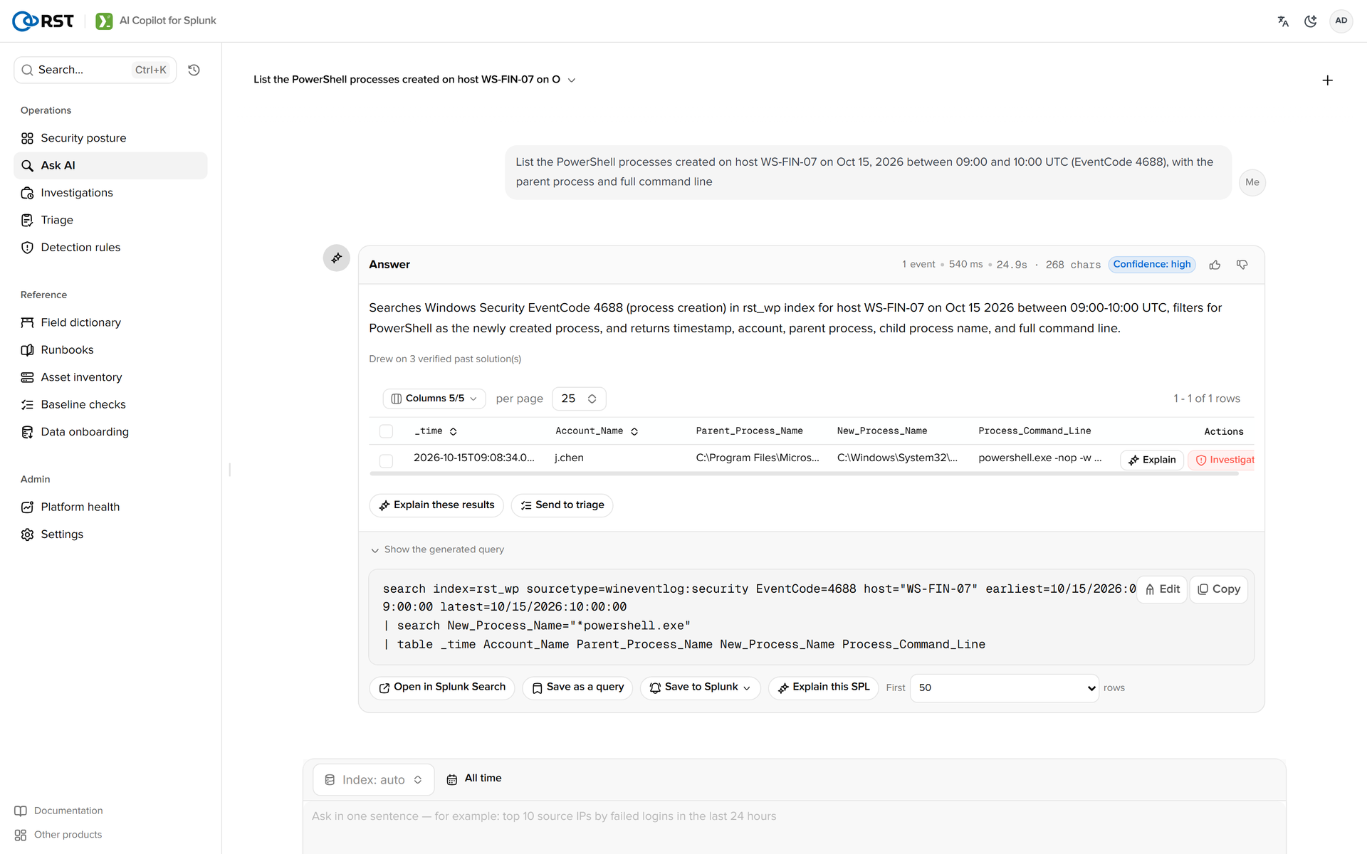 RST AI Copilot for Splunk · Ask AI