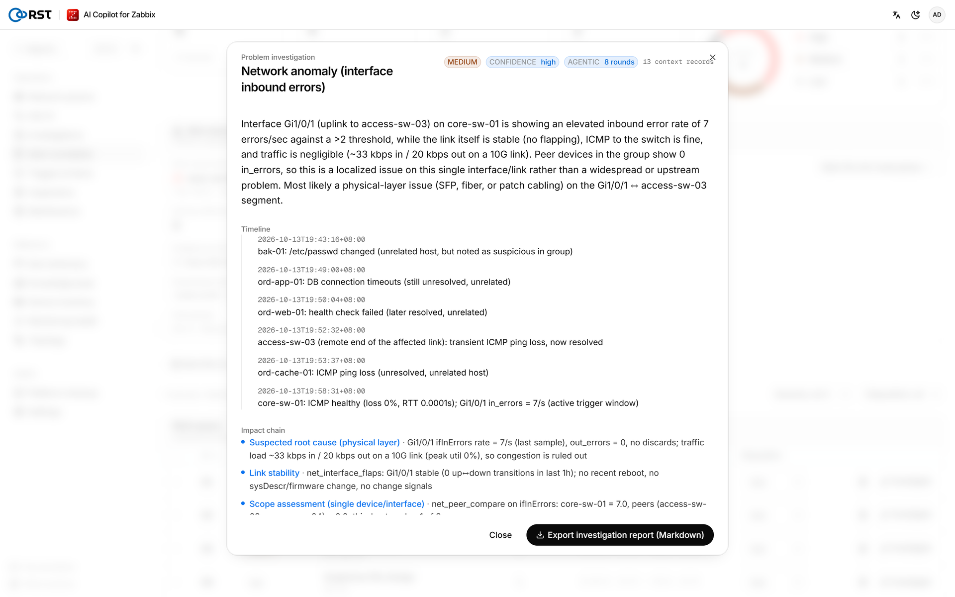 Product · investigation report (summary and timeline)