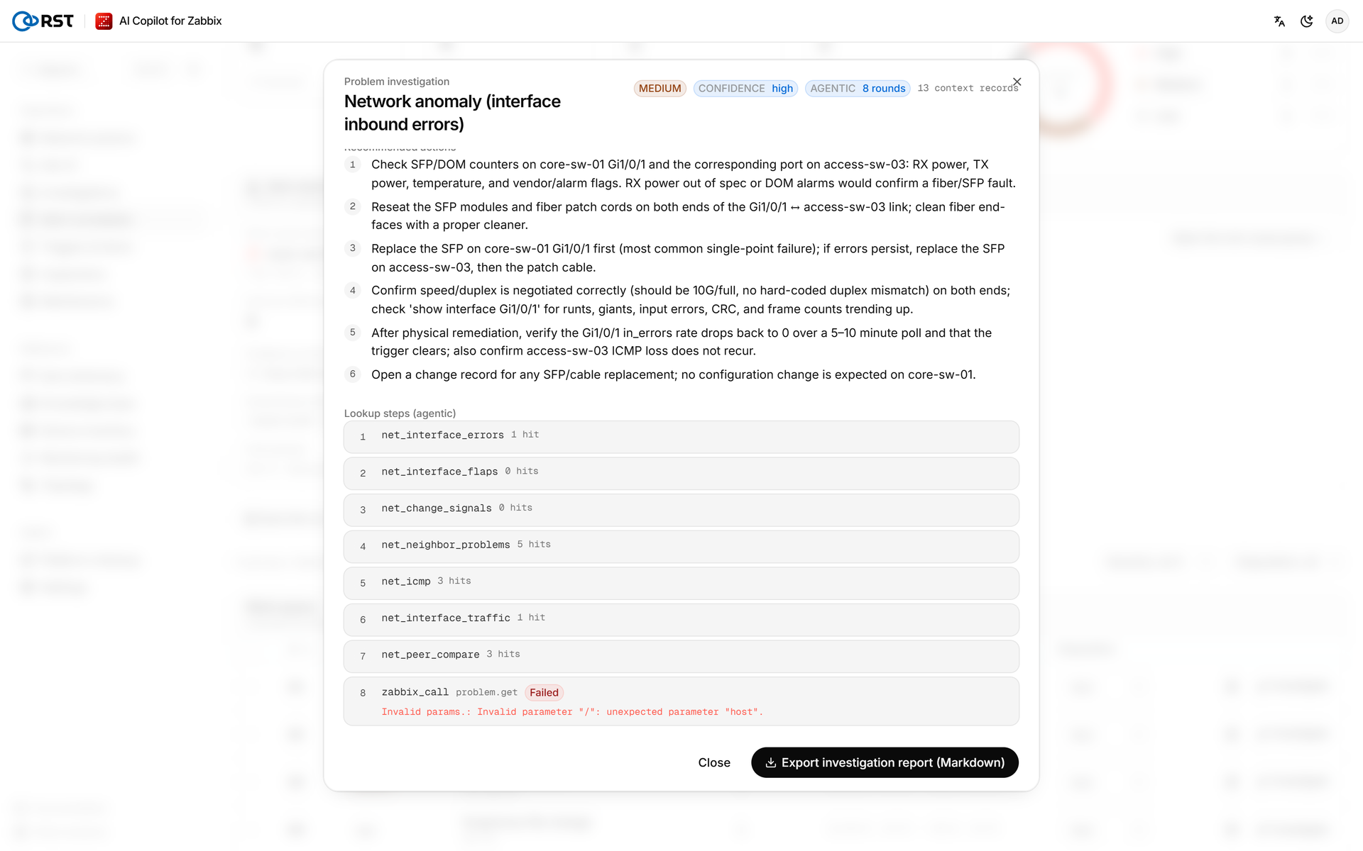 Product · investigation report (actions and lookup steps)