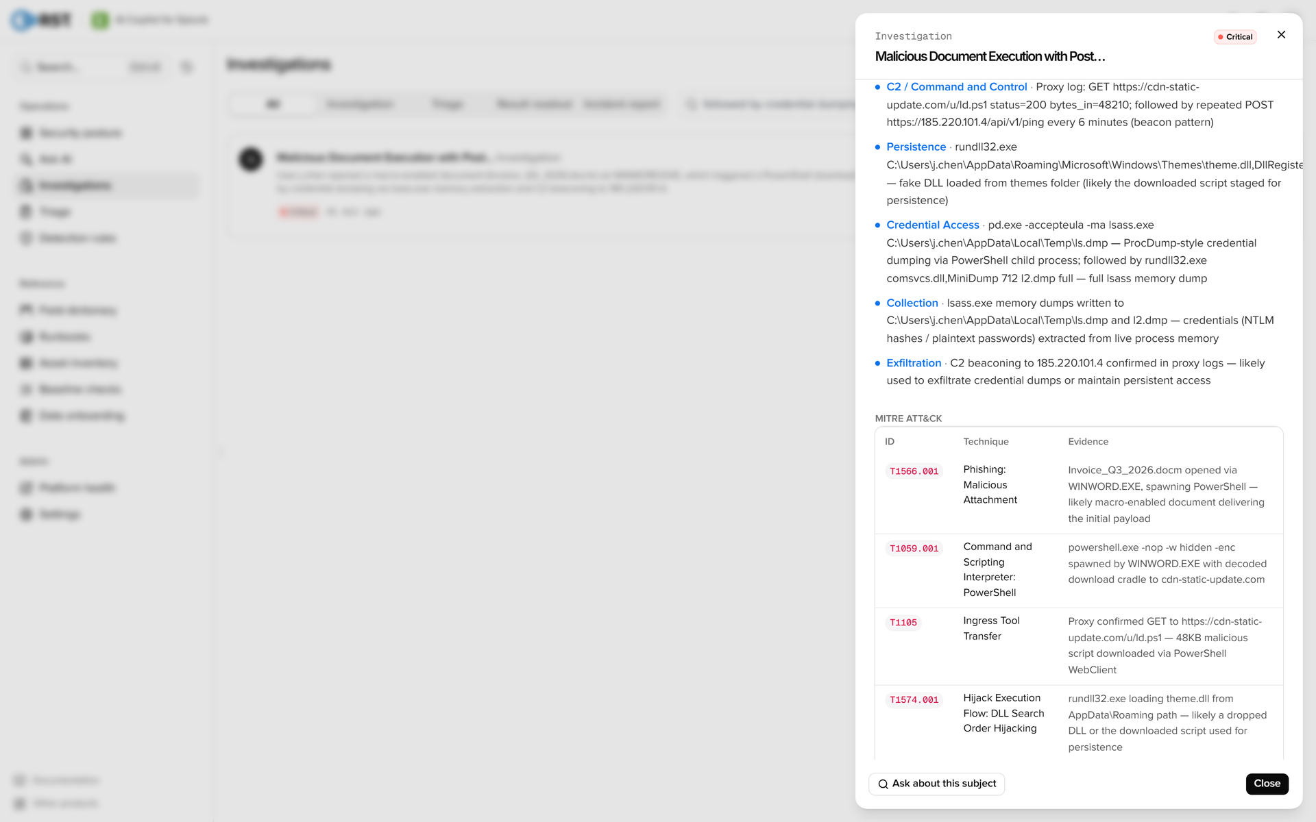 RST AI Copilot for Splunk · Investigation report (attack chain and MITRE)