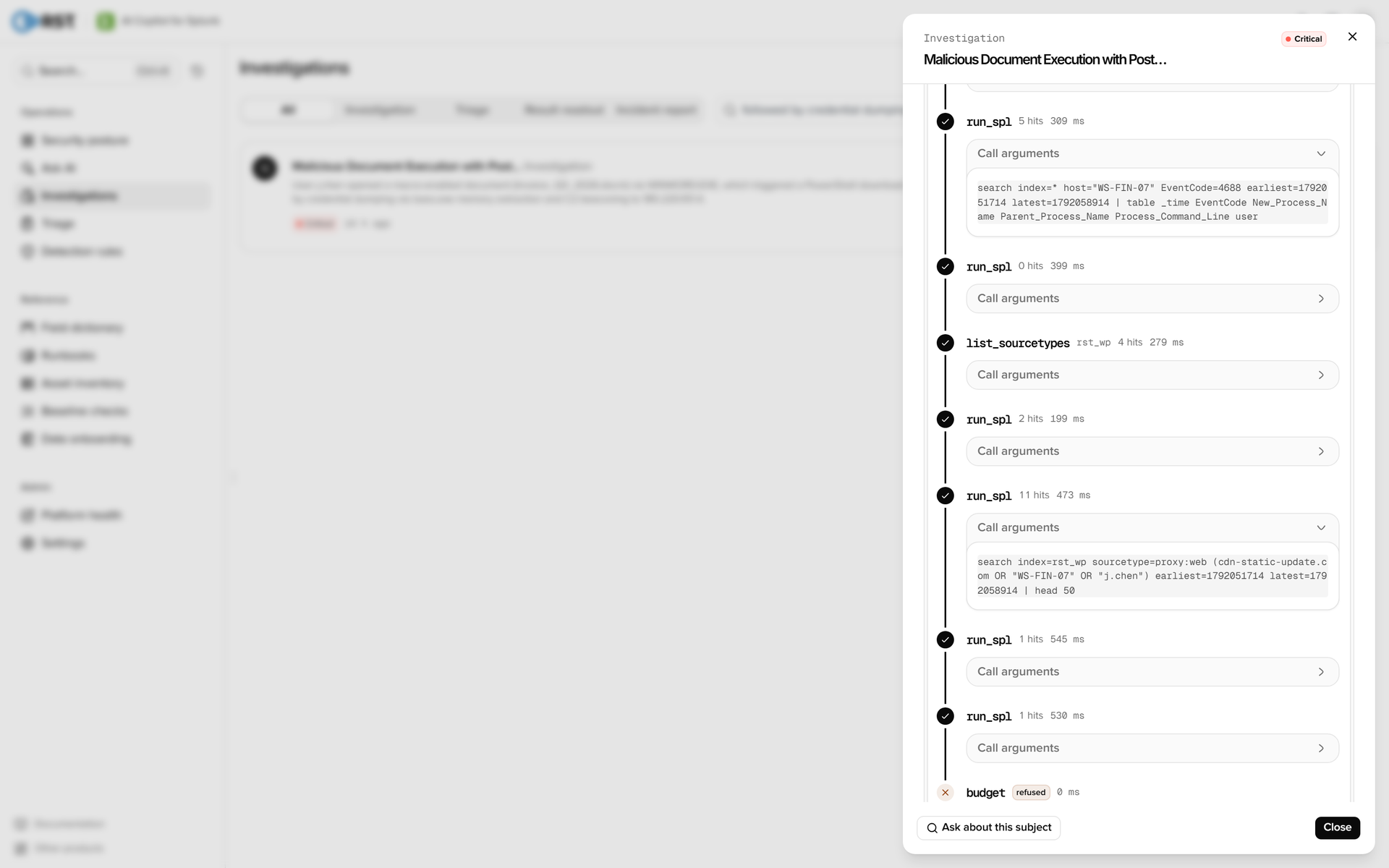RST AI Copilot for Splunk · Investigation report (retrieval trace, SPL expanded)
