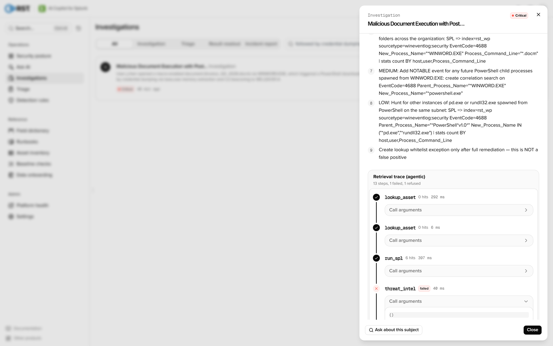 RST AI Copilot for Splunk · Investigation report (retrieval trace)