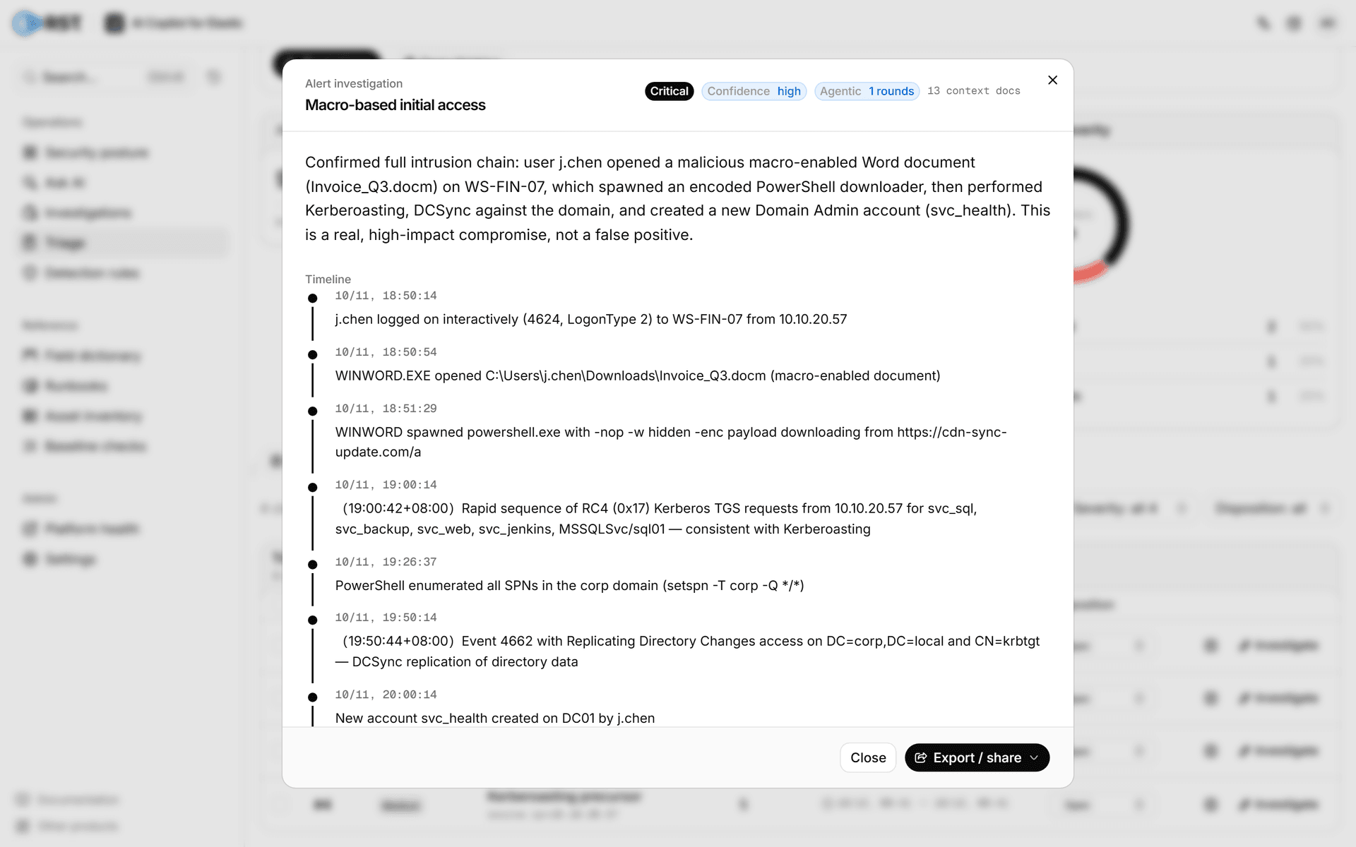Product · AI investigation report (Macro-based initial access → domain takeover · critical, summary / timeline / agentic 1 round / 13 context docs)