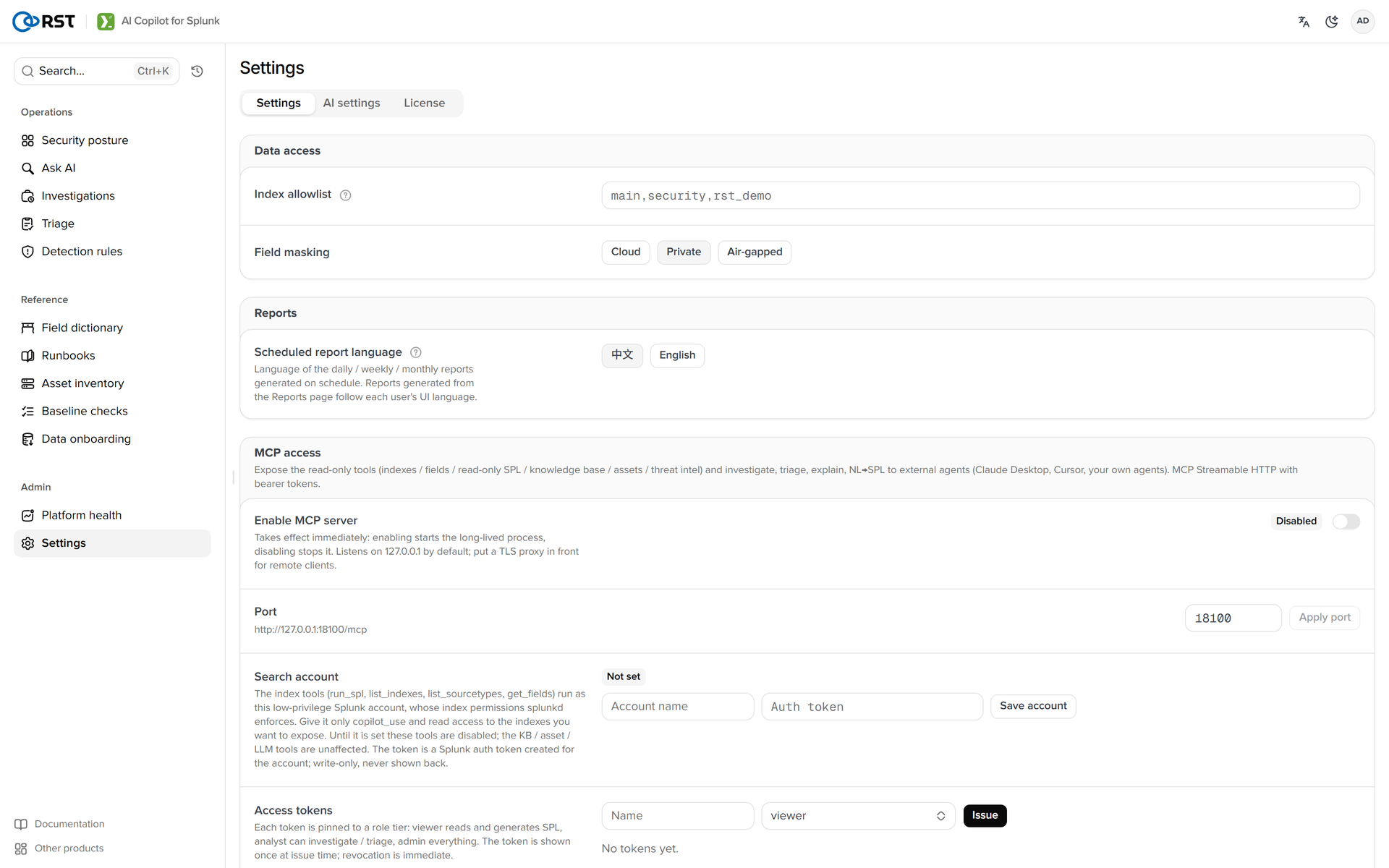 RST AI Copilot for Splunk · Masking settings