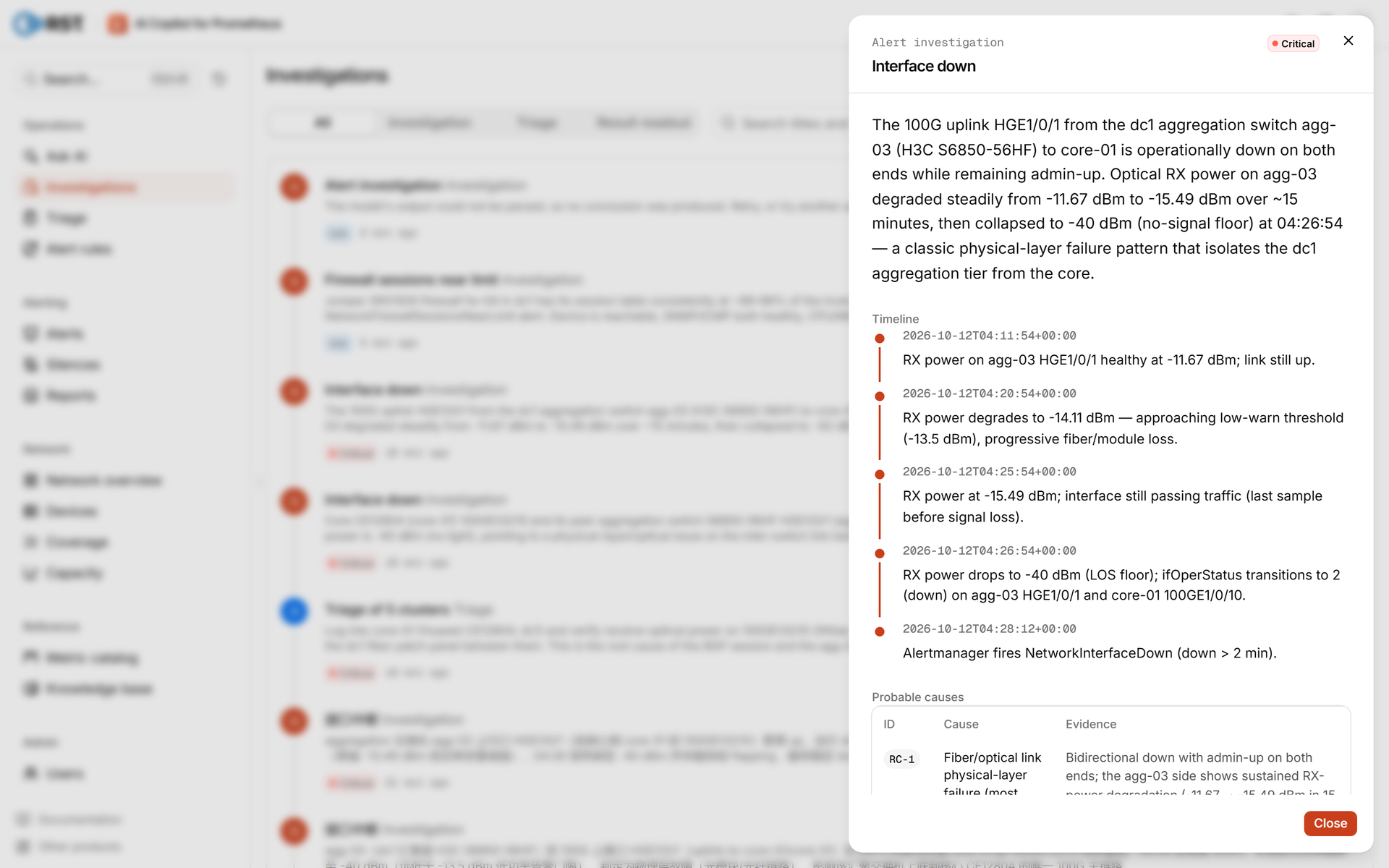 Product · investigation report (agg-03 end, summary and timeline)