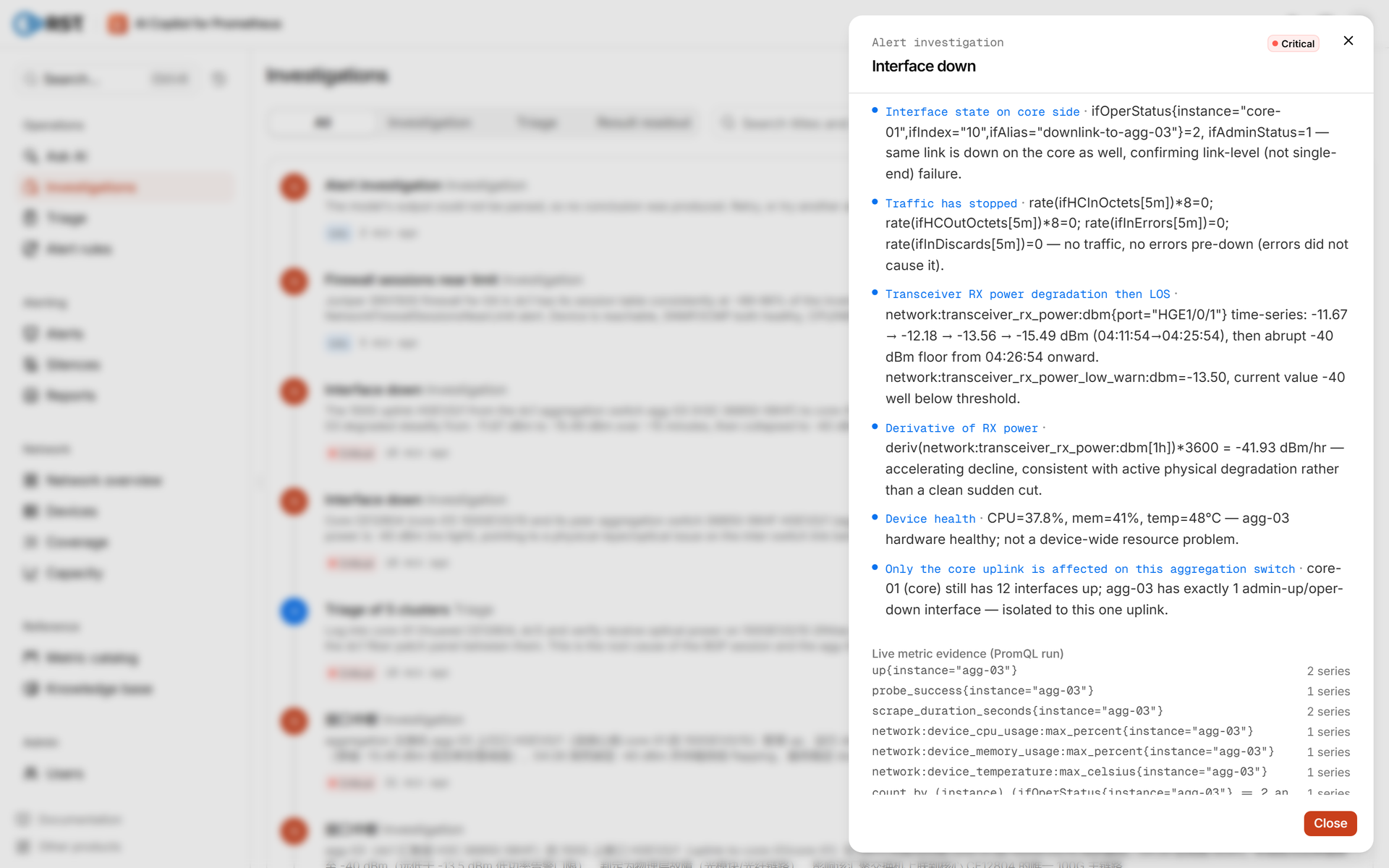 Product · investigation report (agg-03 end, executed PromQL)